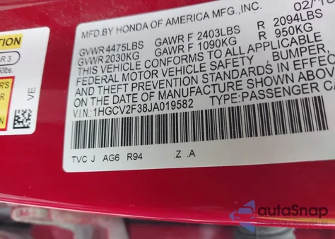 2018 Honda Accord Sport из США, поврежденный, VIN 1HGCV2F38JA019582